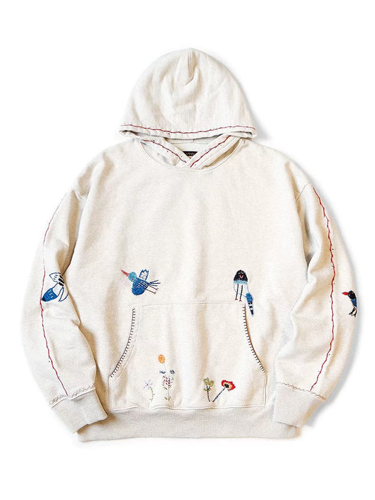 KAPITAL 24AW floral and bird embroidered cotton hoodie