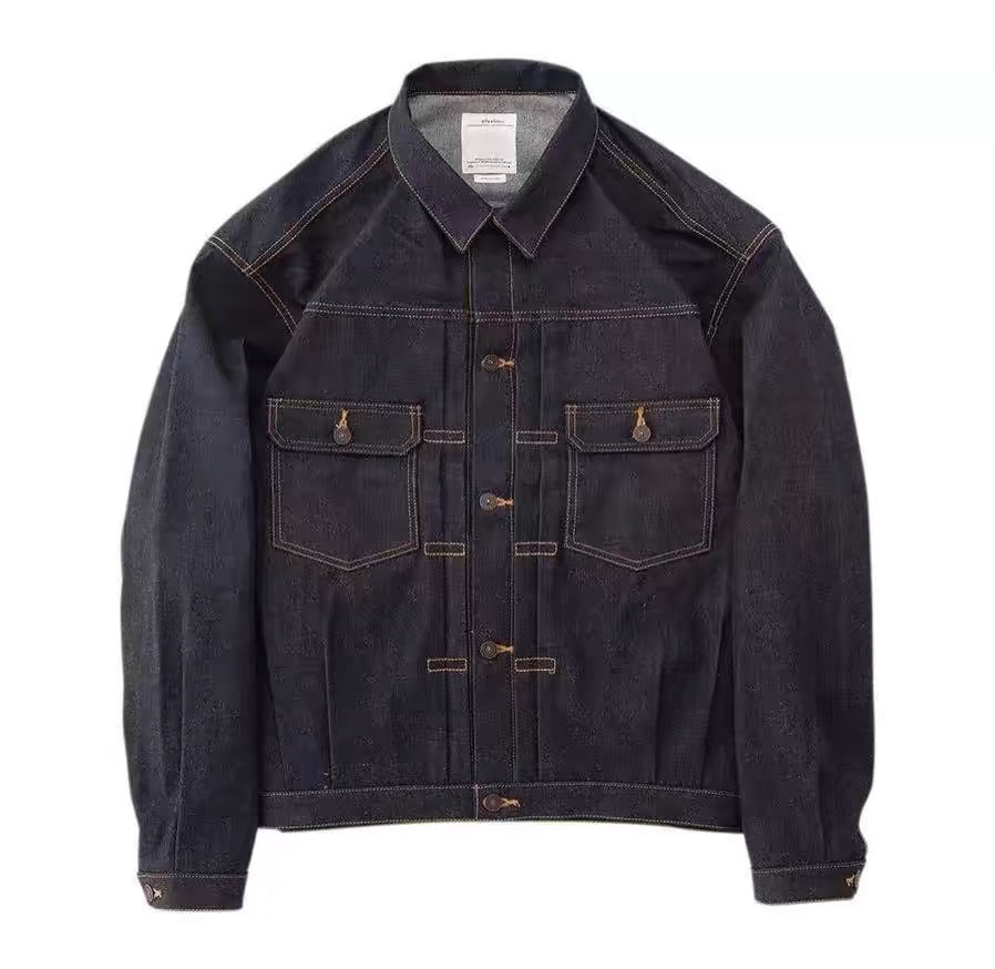 VISVIM KOFU 101XX JKT RAWMUD lockere Jeansjacke mit roten Ohren und Rohschlammfärbung 