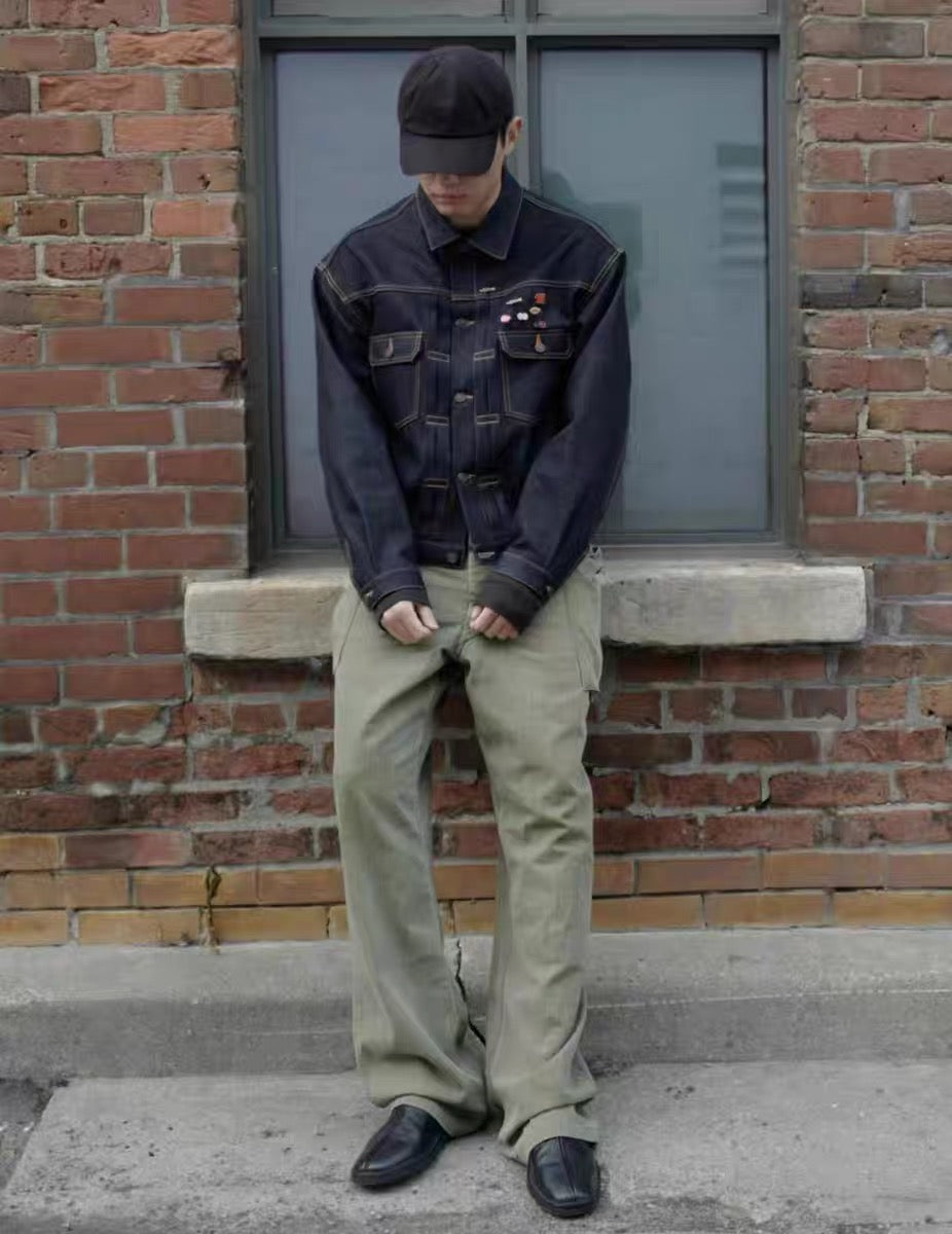 VISVIM KOFU 101XX JKT RAWMUD lockere Jeansjacke mit roten Ohren und Rohschlammfärbung 