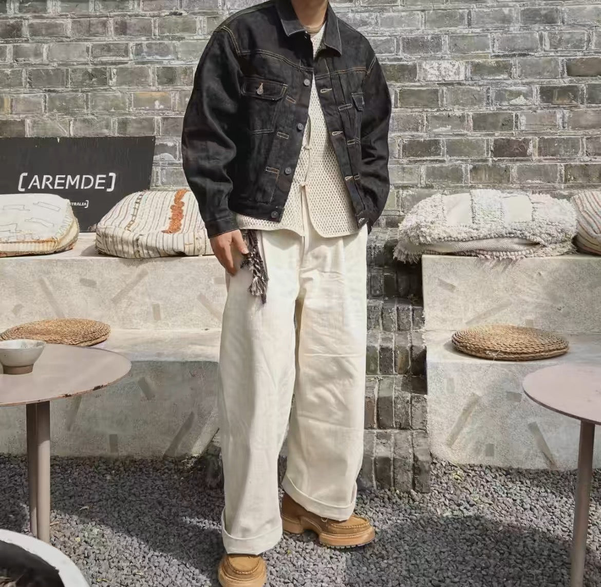 VISVIM KOFU 101XX JKT RAWMUD lockere Jeansjacke mit roten Ohren und Rohschlammfärbung 