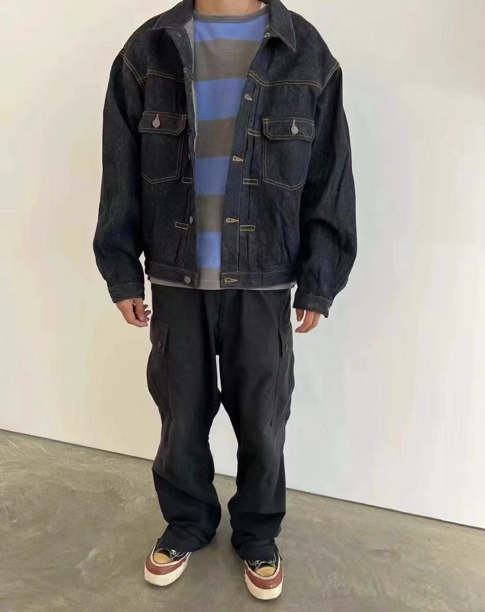 VISVIM KOFU 101XX JKT RAWMUD lockere Jeansjacke mit roten Ohren und Rohschlammfärbung 
