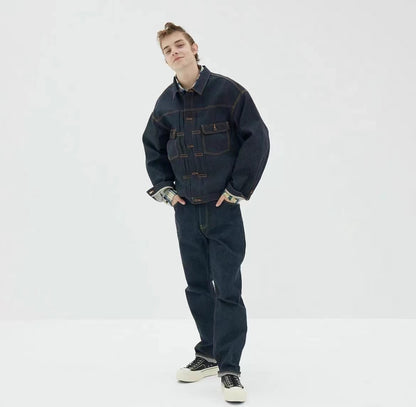 VISVIM KOFU 101XX JKT RAWMUD lockere Jeansjacke mit roten Ohren und Rohschlammfärbung 