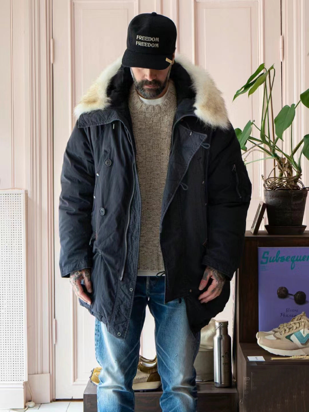 VISVIM FIL Valdez Daunenmantel Wolfspelzkragen schlammgefärbte gewaschene weiße Gänsedaunenjacke 