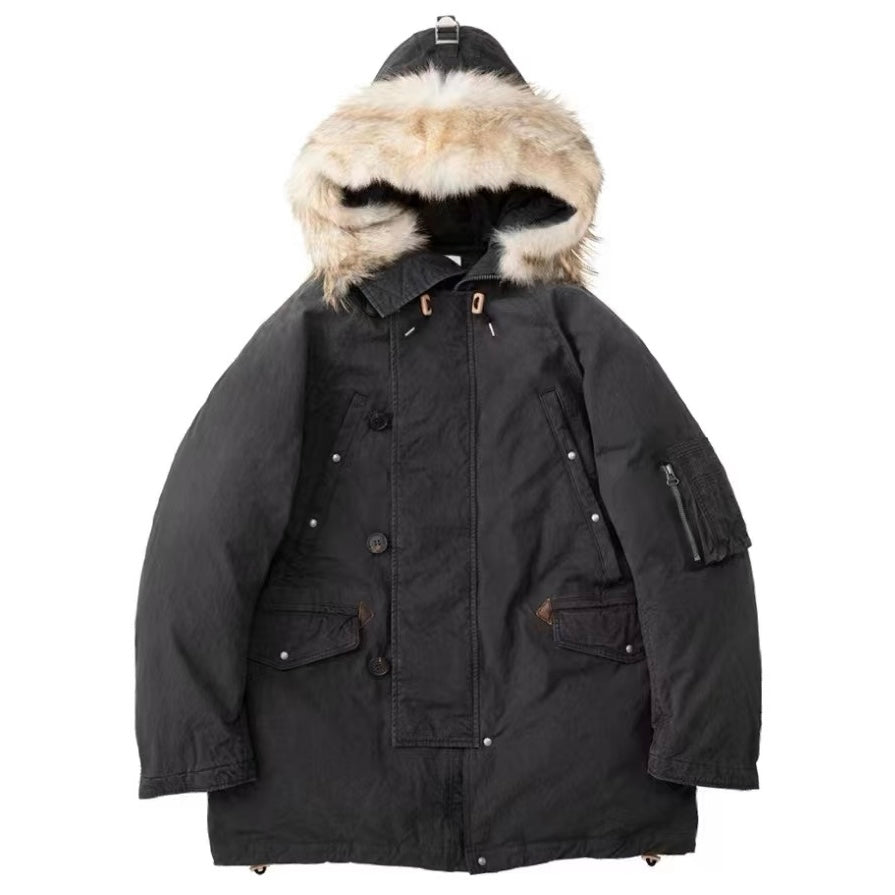VISVIM FIL Valdez Daunenmantel Wolfspelzkragen schlammgefärbte gewaschene weiße Gänsedaunenjacke 