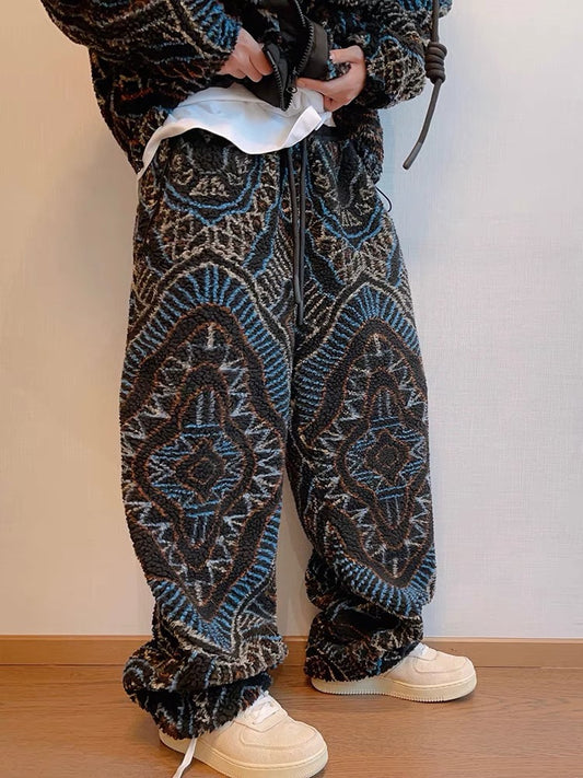 トーテムジャカードエスニックスタイルフェイクラムウールプラスベルベット厚手パンツストレートパンツ