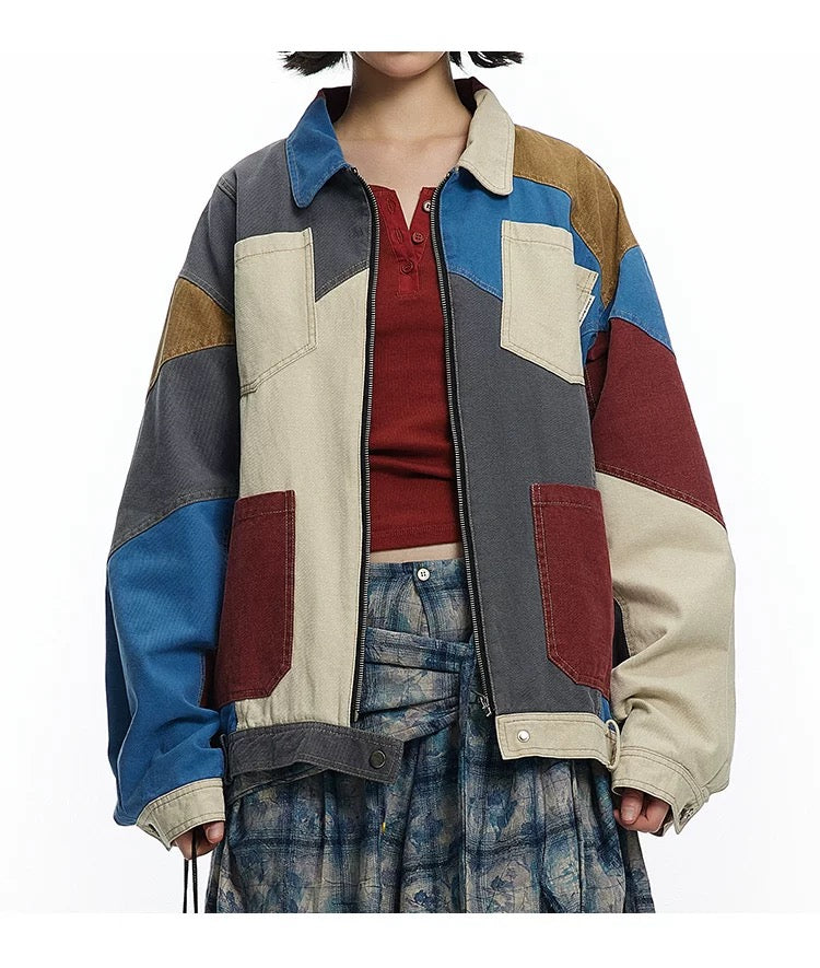 Autumn Colorblocking Lapel Workwear Jacket Casual Unisex Style Coat