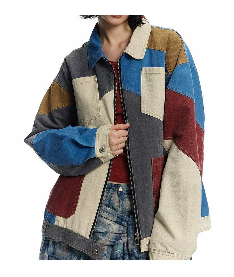 Autumn Colorblocking Lapel Workwear Jacket Casual Unisex Style Coat