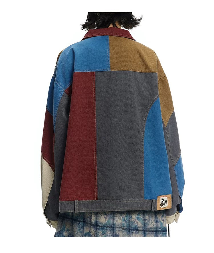 Autumn Colorblocking Lapel Workwear Jacket Casual Unisex Style Coat