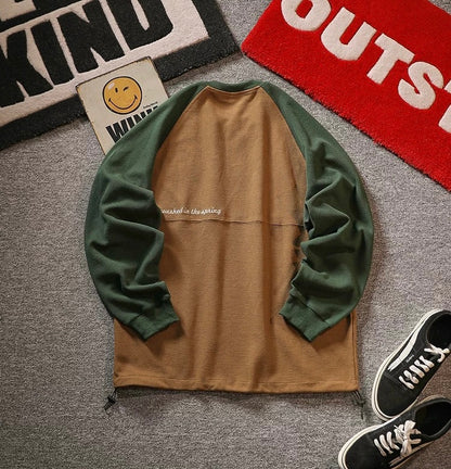 “Waffle” Colorblocked Crew Neck Sweatshirt Loose Sleeve Pullover