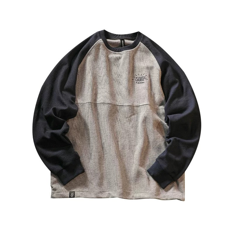 “Waffle” Colorblocked Crew Neck Sweatshirt Loose Sleeve Pullover