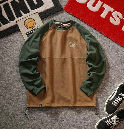 “Waffle” Colorblocked Crew Neck Sweatshirt Loose Sleeve Pullover