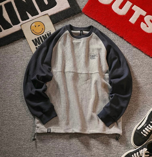 “Waffle” Colorblocked Crew Neck Sweatshirt Loose Sleeve Pullover