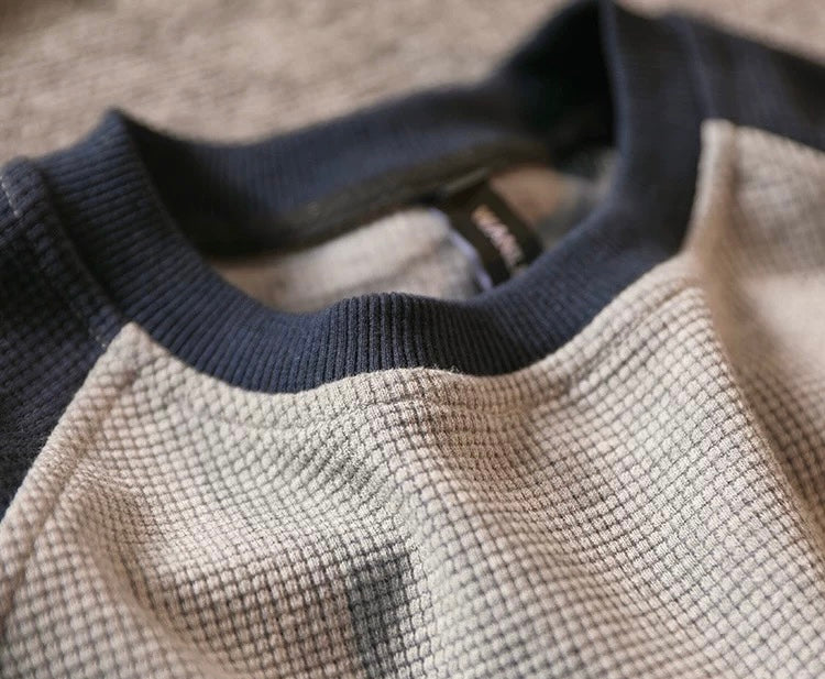 “Waffle” Colorblocked Crew Neck Sweatshirt Loose Sleeve Pullover