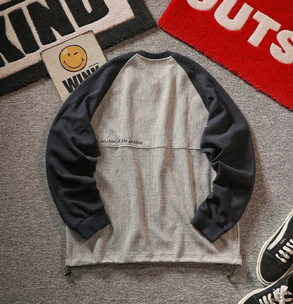 “Waffle” Colorblocked Crew Neck Sweatshirt Loose Sleeve Pullover