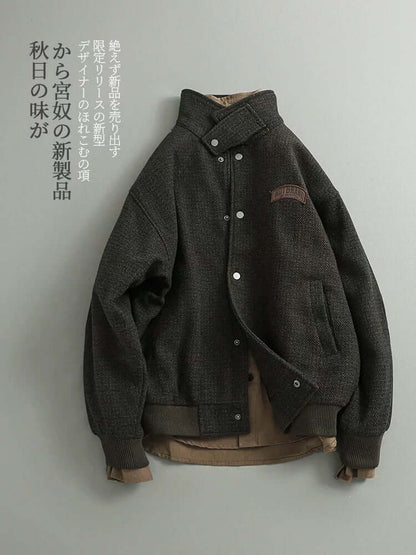 Autumn Japanese retro fashion brand letter label woolen lapel jacket