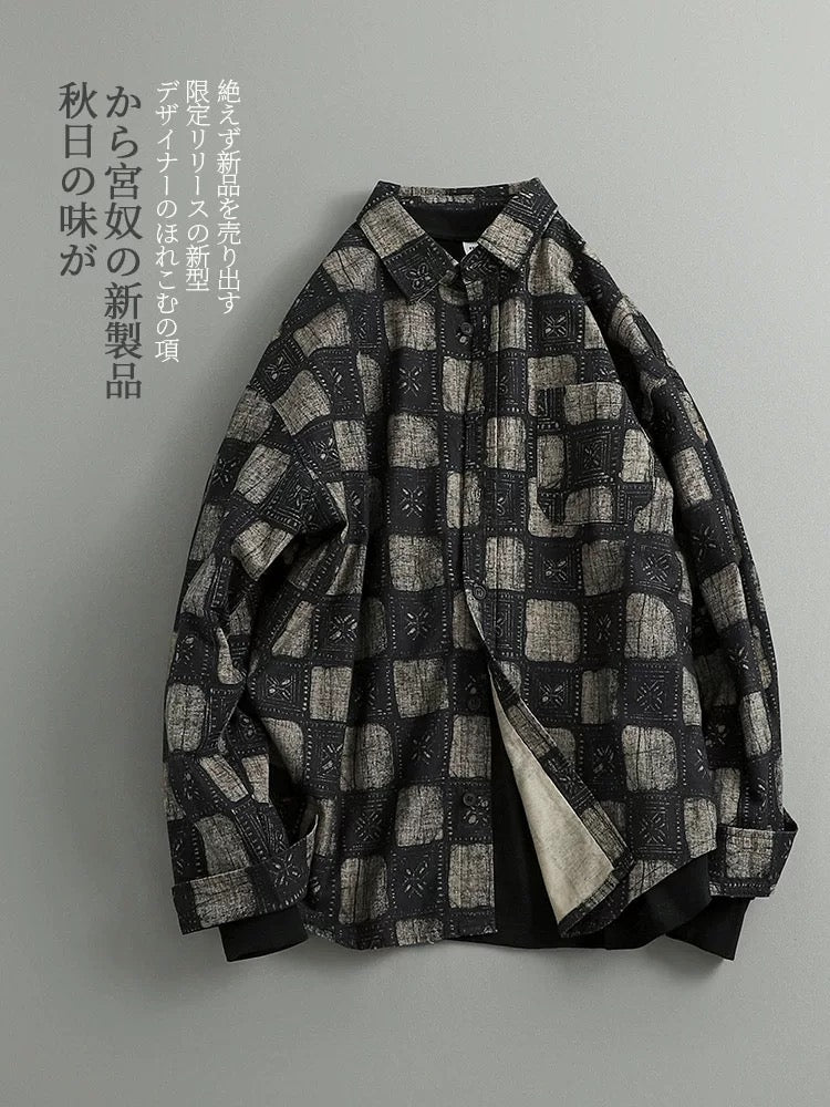 Autumn Japanese retro trendy ethnic style contrast color full print casual shirt