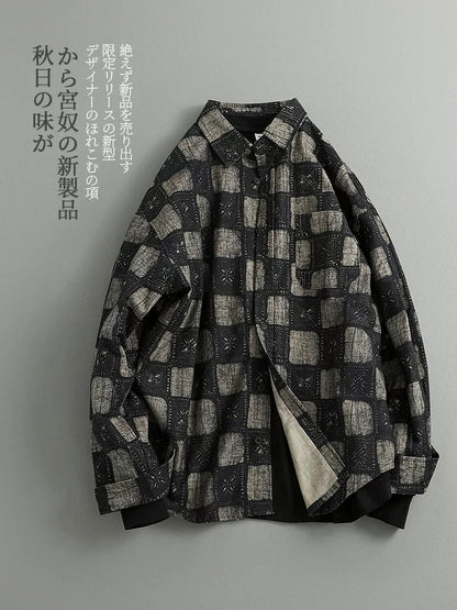 Autumn Japanese retro trendy ethnic style contrast color full print casual shirt