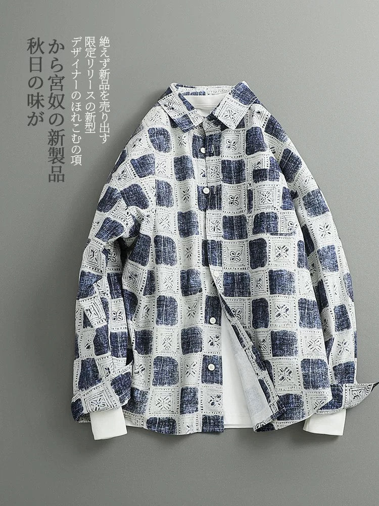 Autumn Japanese retro trendy ethnic style contrast color full print casual shirt