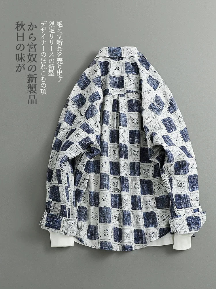 Autumn Japanese retro trendy ethnic style contrast color full print casual shirt