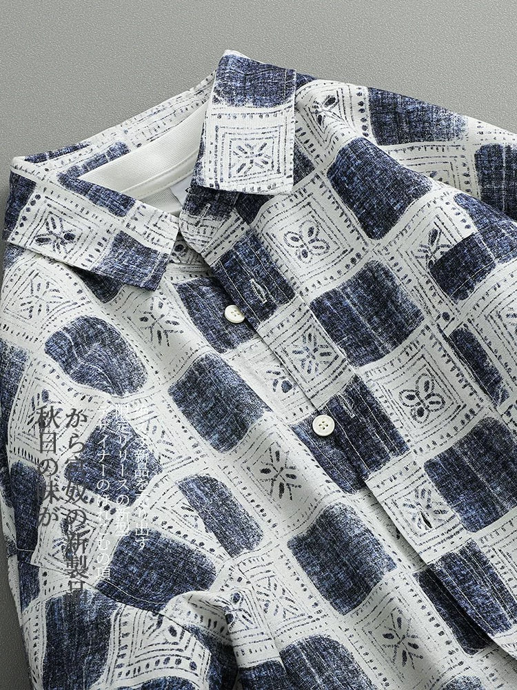 Autumn Japanese retro trendy ethnic style contrast color full print casual shirt