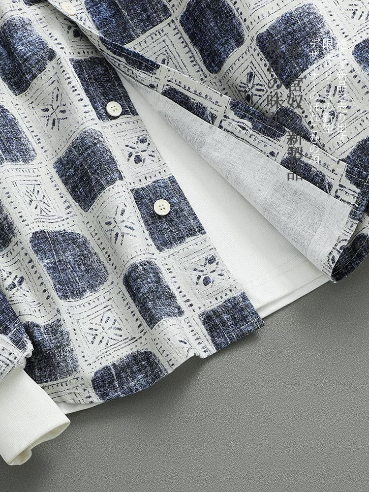 Autumn Japanese retro trendy ethnic style contrast color full print casual shirt