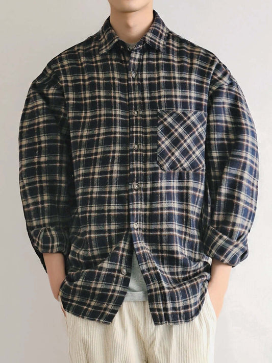 Brushed flannel plaid long-sleeved commuter casual plaid shirt