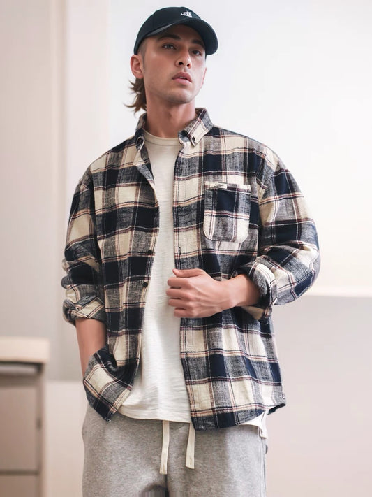 American retro yarn-dyed distressed plaid long-sleeved cotton shirt