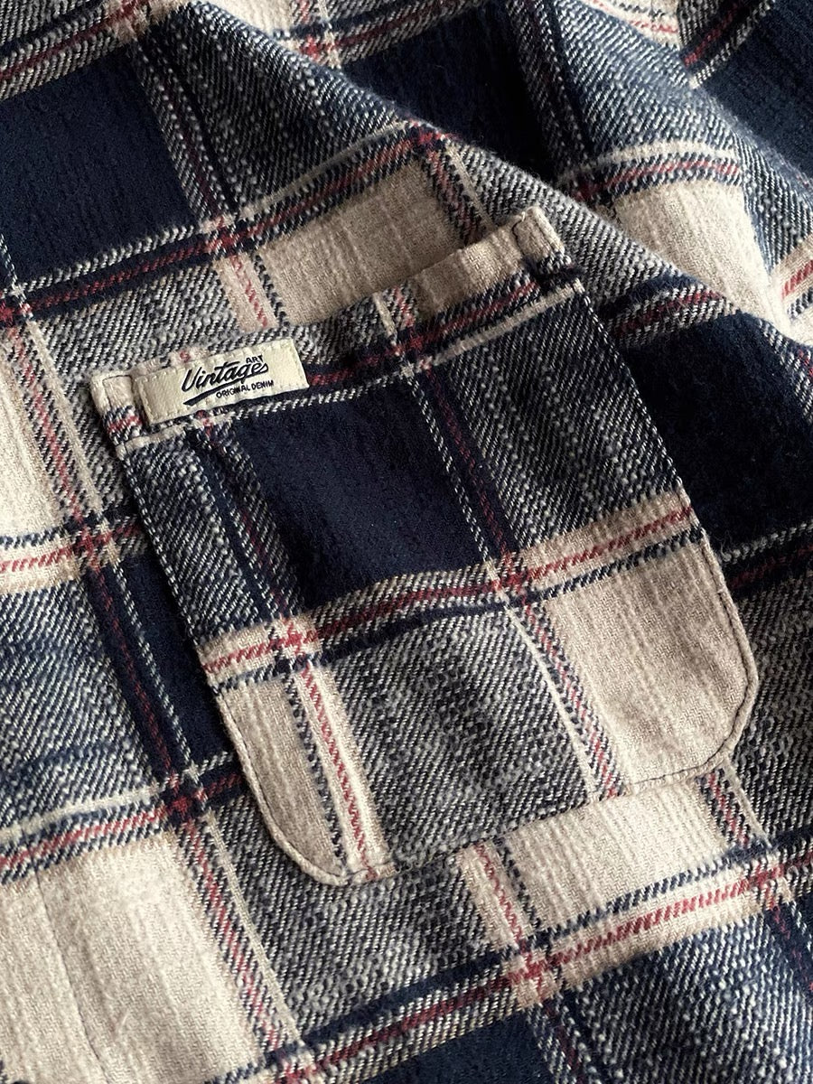 American retro yarn-dyed distressed plaid long-sleeved cotton shirt