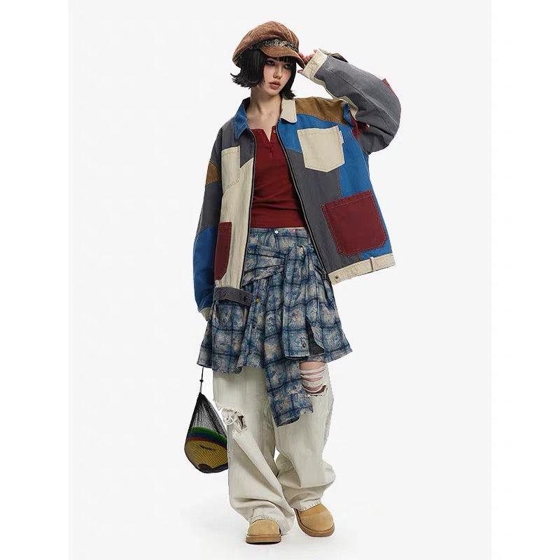 Autumn Colorblocking Lapel Workwear Jacket Casual Unisex Style Coat