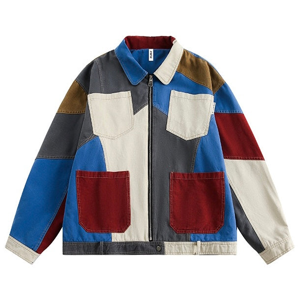 Autumn Colorblocking Lapel Workwear Jacket Casual Unisex Style Coat
