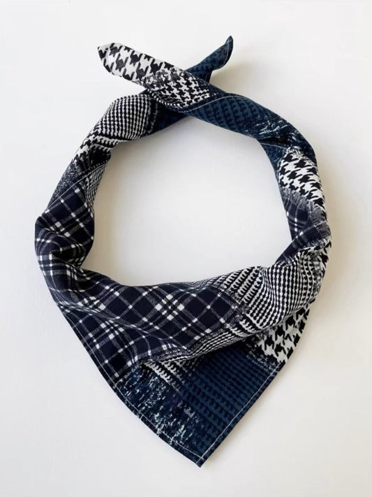 Black and blue plaid patchwork style cotton and linen neutral square scarf