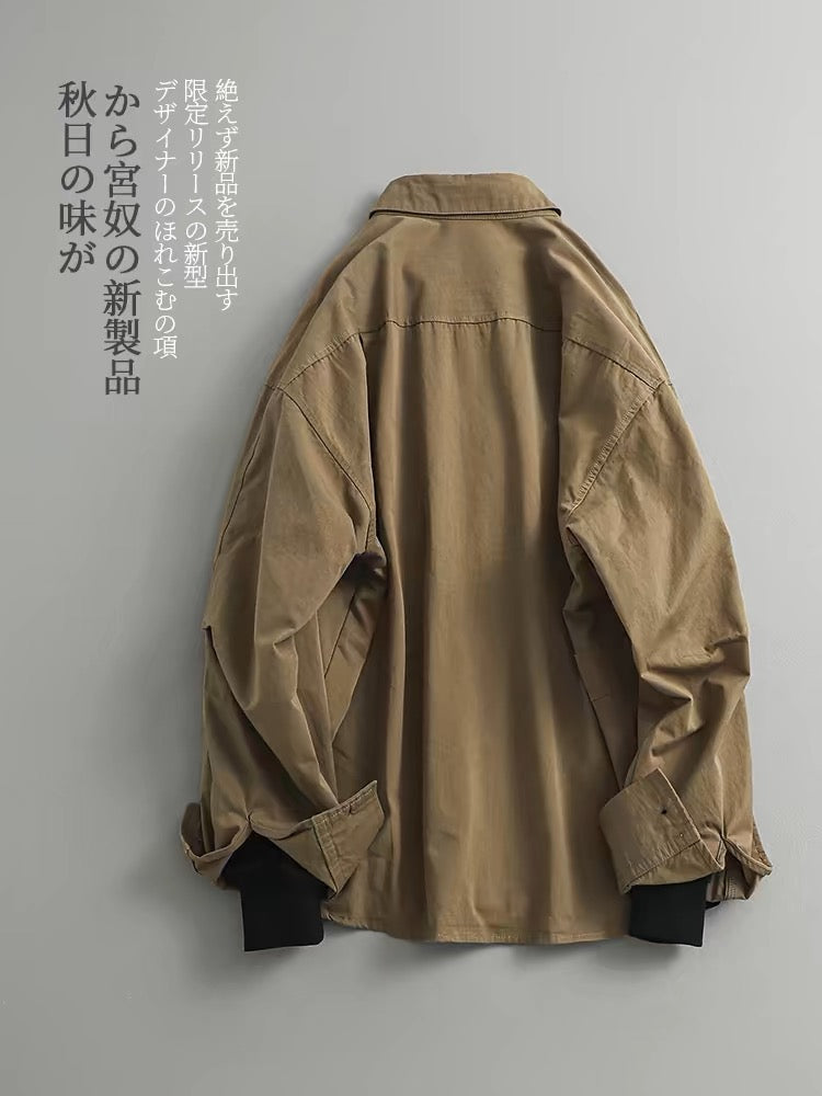 Autumn retro solid color versatile casual loose zipper pocket work shirt