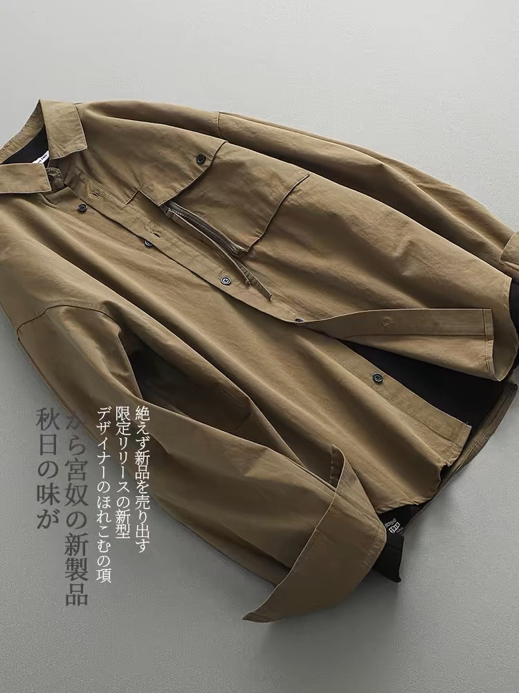 Autumn retro solid color versatile casual loose zipper pocket work shirt