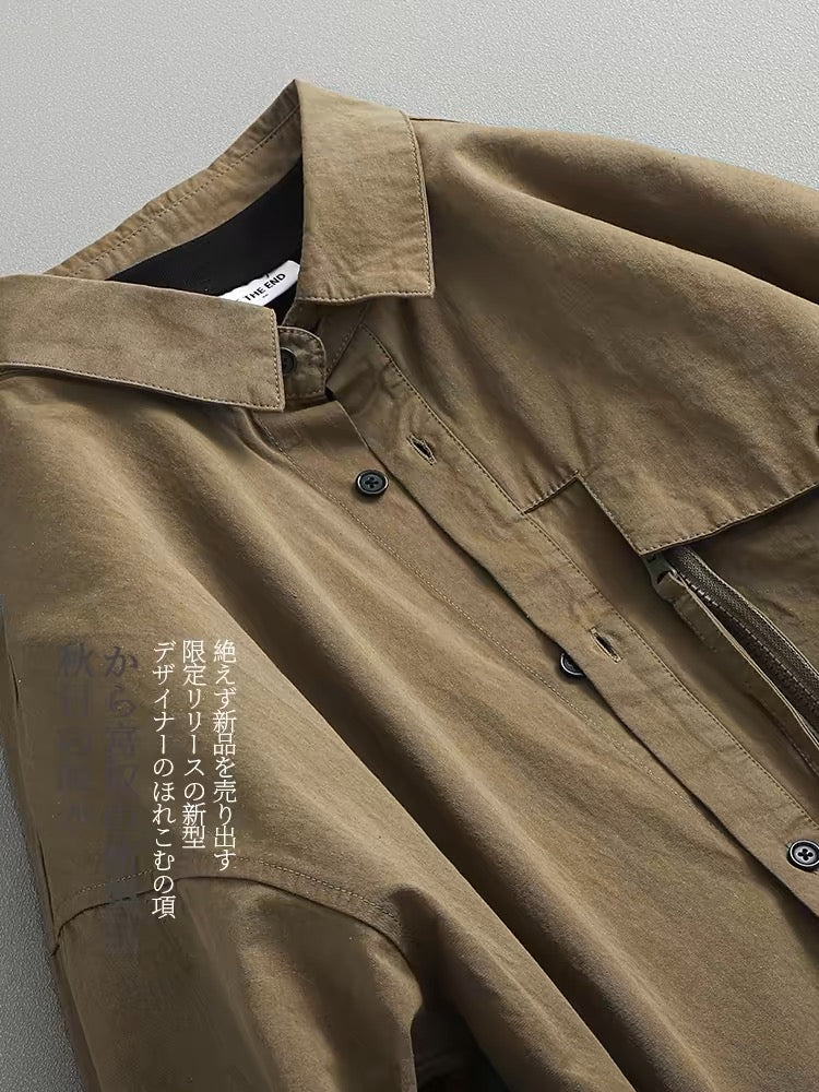 Autumn retro solid color versatile casual loose zipper pocket work shirt