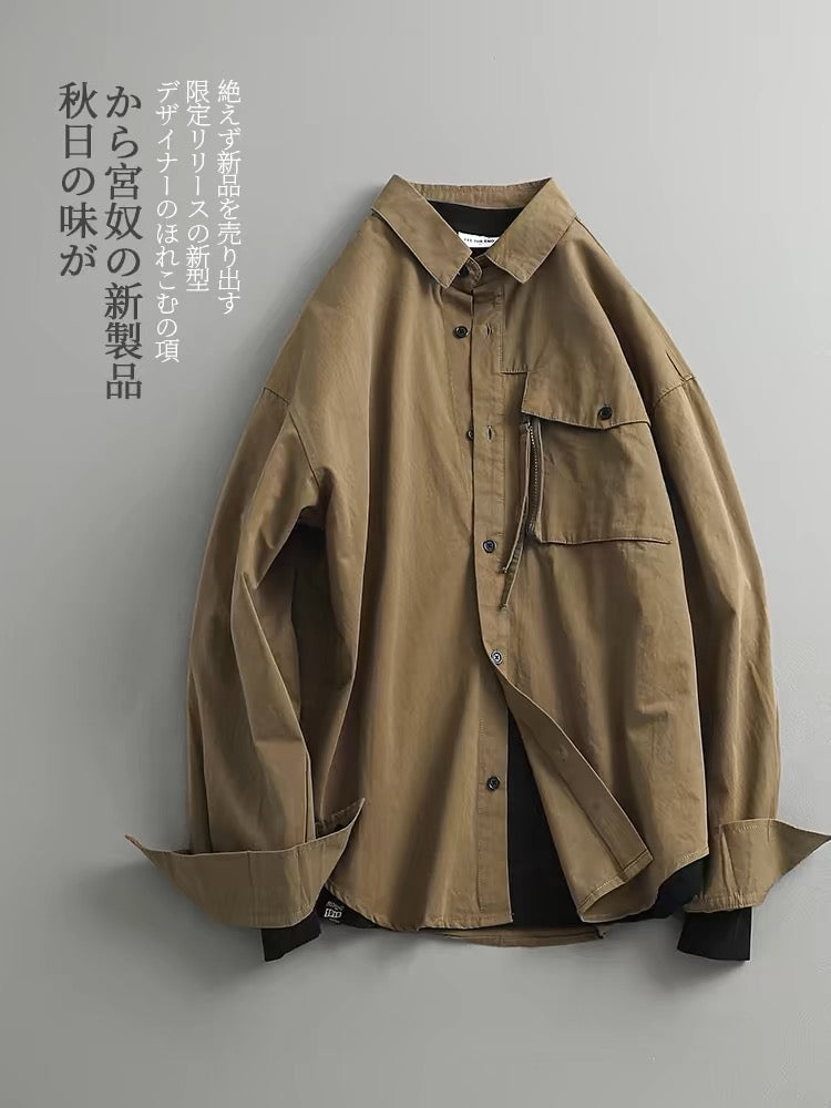 Autumn retro solid color versatile casual loose zipper pocket work shirt