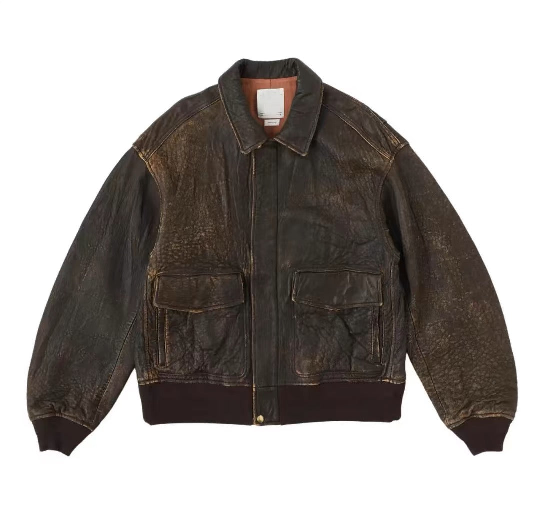 VISVIM FIL ELMENDORF Heavy distressed sheepskin a2 leather jacket