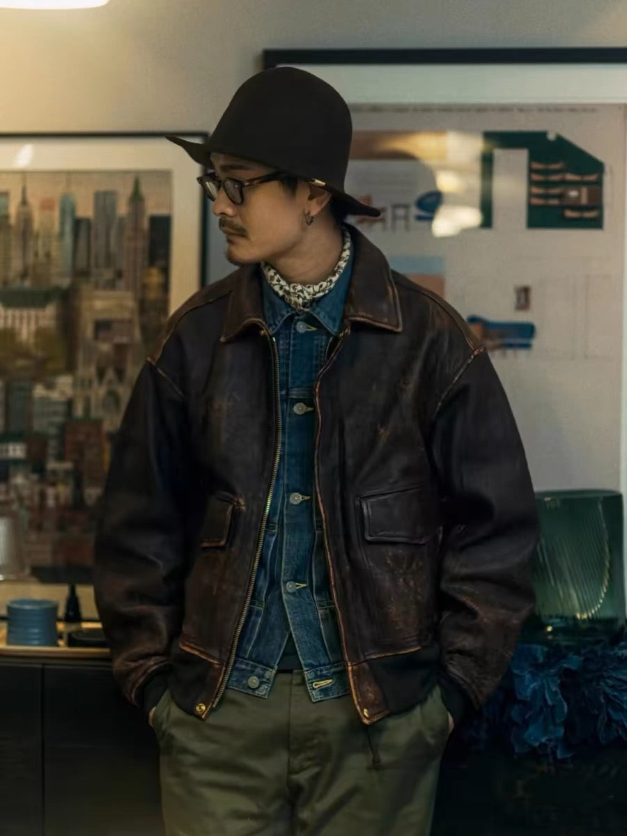 VISVIM FIL ELMENDORF Heavy distressed sheepskin a2 leather jacket