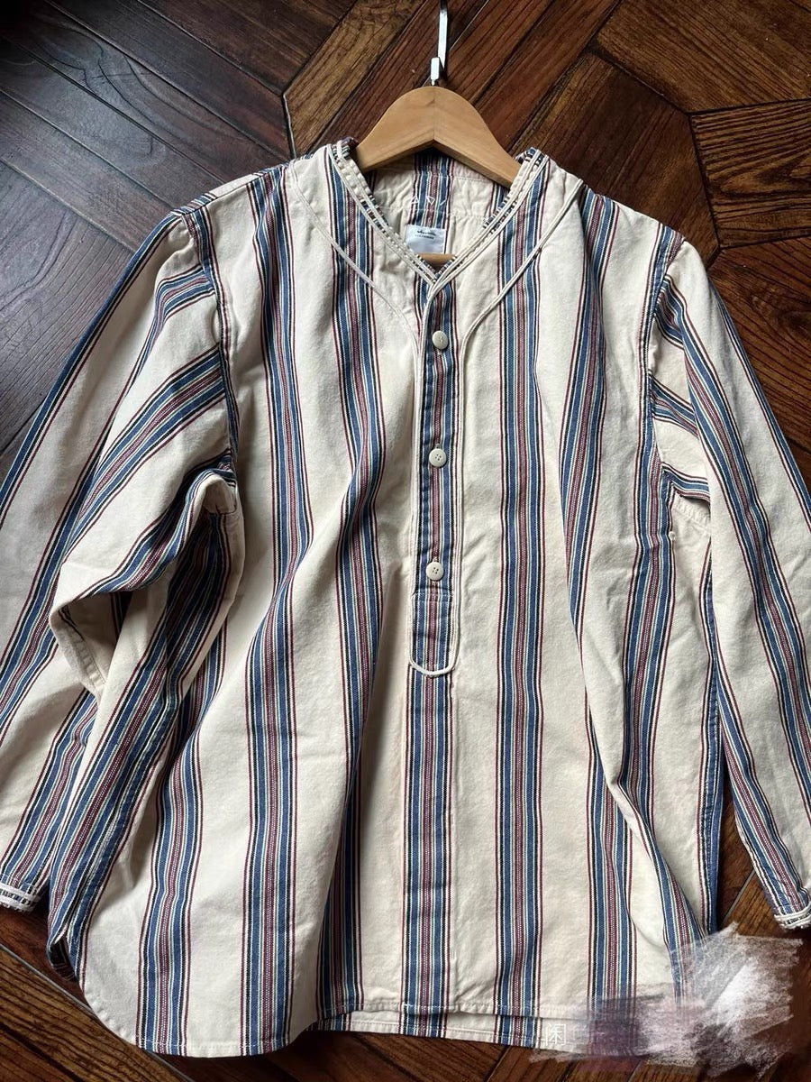VISVIM DUGOUT SHIRT (N.D. STRIPE) Striped collarless shirt