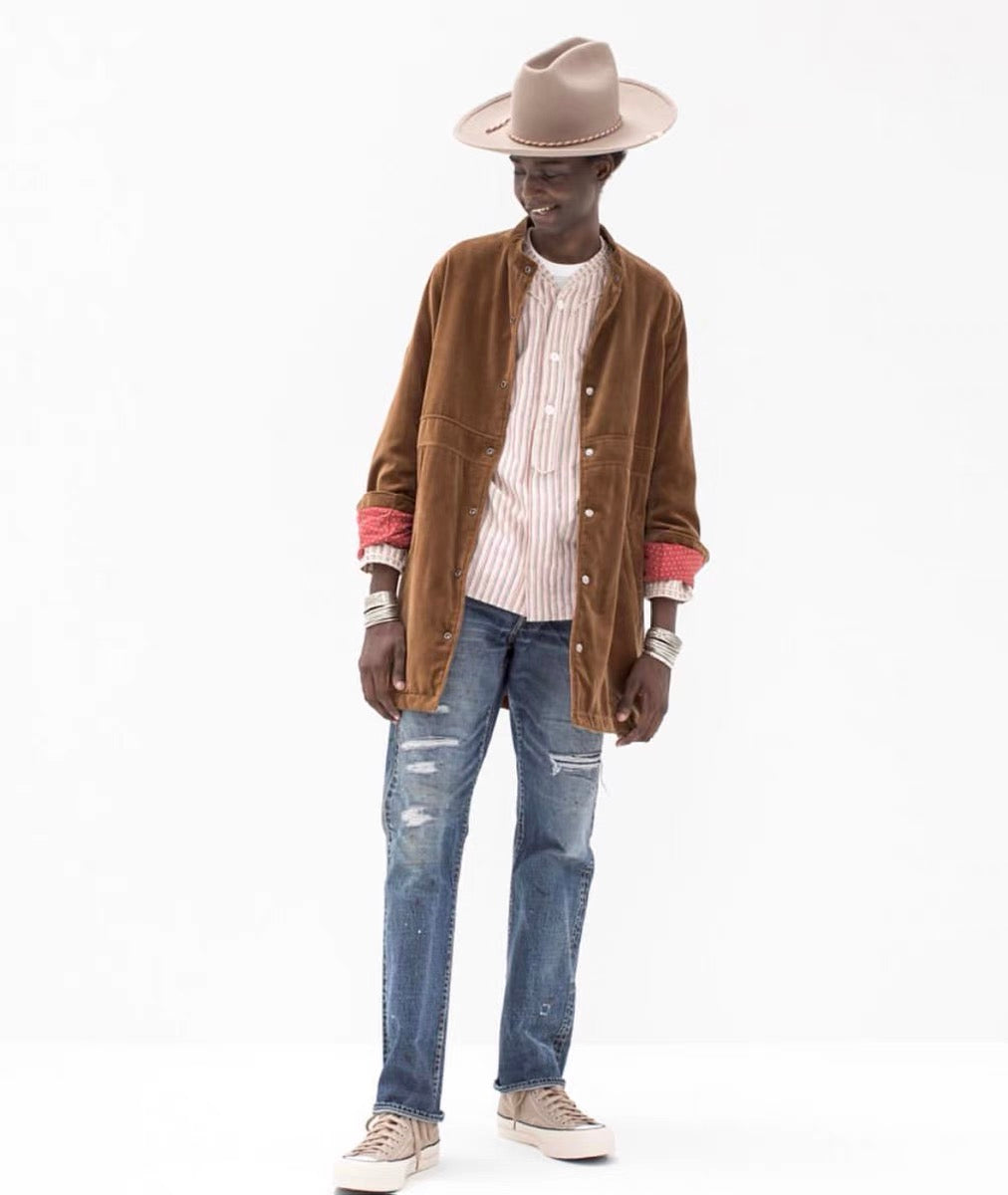 VISVIM DUGOUT SHIRT (N.D. STRIPE) Striped collarless shirt