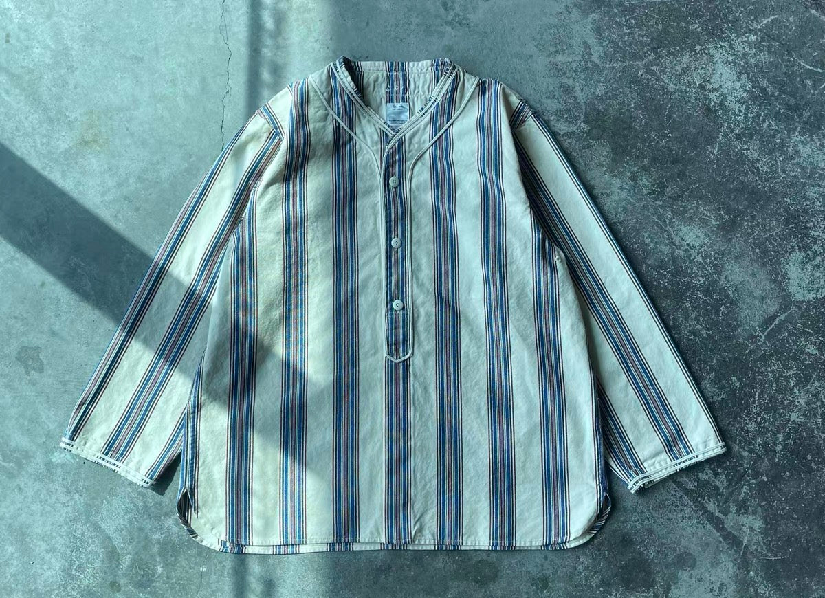 VISVIM DUGOUT SHIRT (N.D. STRIPE) Striped collarless shirt