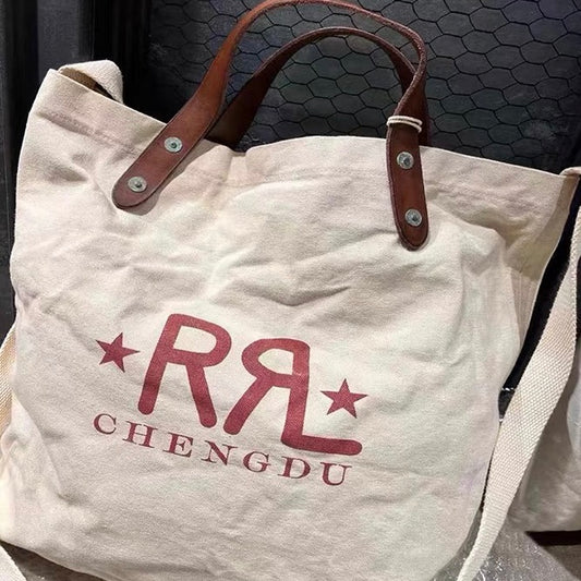 RL アメリカンスタイルのダメージ加工エイミーカーキパッチワークレザートートバッグキャンバスバッグ
