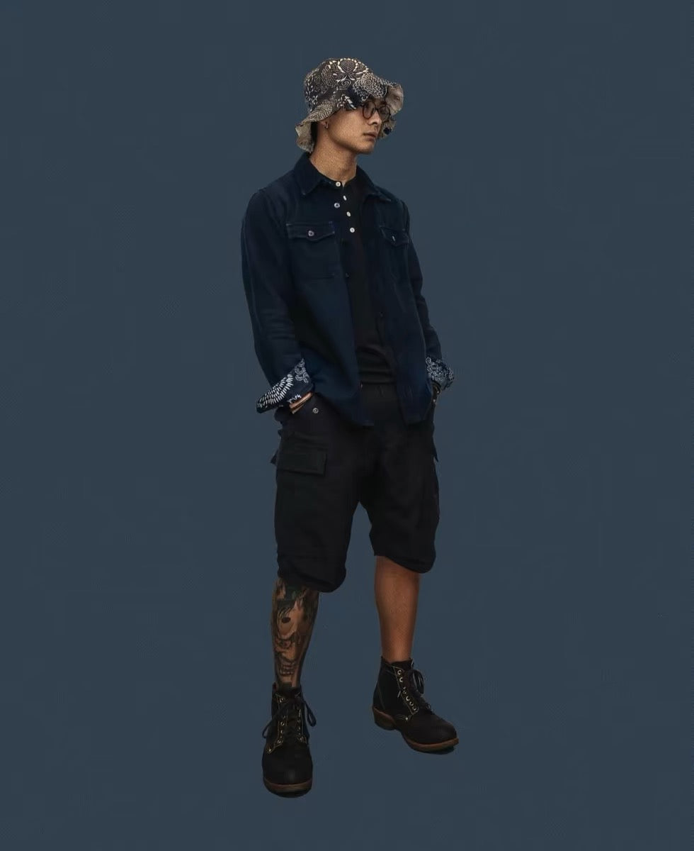 VISVIM KOFU ICT BLACK ELK Indigo-dyed ancient cloth shirt with floral flannel