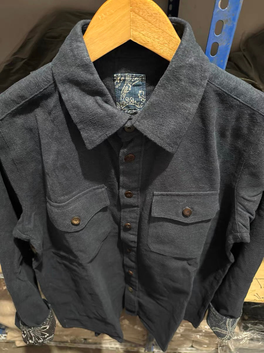 VISVIM KOFU ICT BLACK ELK Indigo-dyed ancient cloth shirt with floral flannel