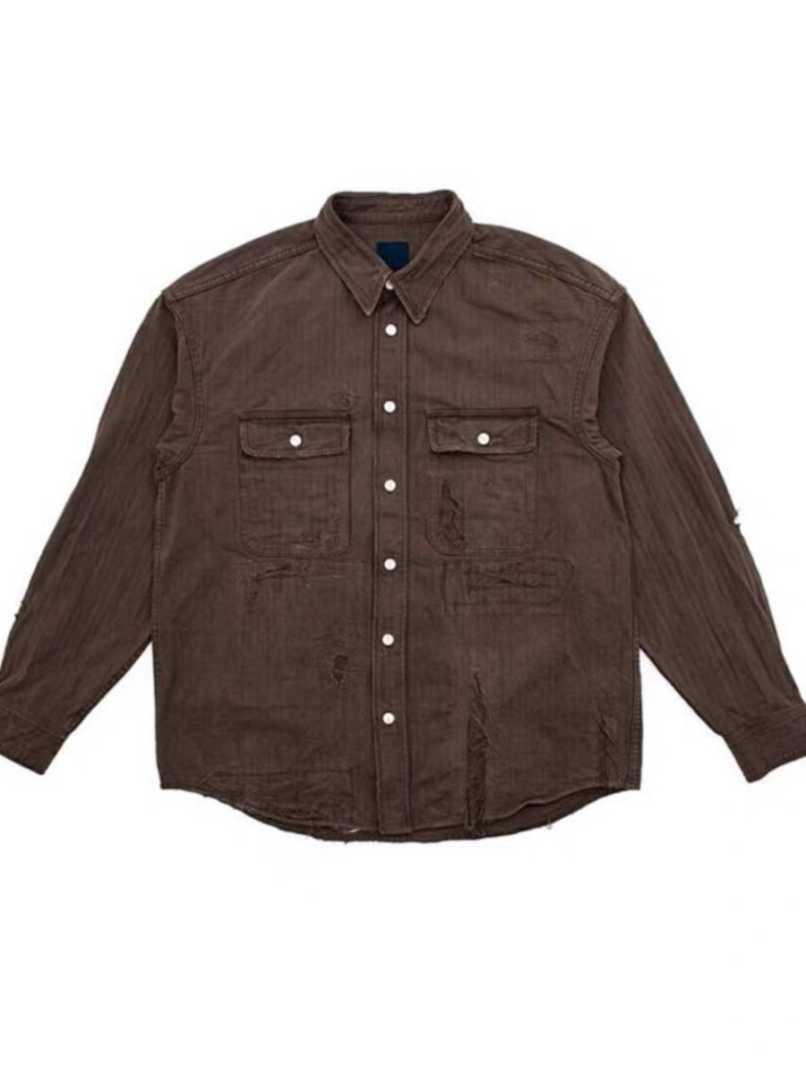 VISVIM FIL 20SS ICT LUMBER mud-dyed damaged shirt Japanese tide washed patch vintage shirt
