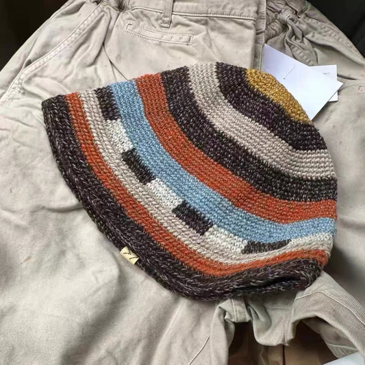 VISVIM MEDA CROCHET KNIT HAT (N.D.) Colorblock stitching knitted hat Ostrich style