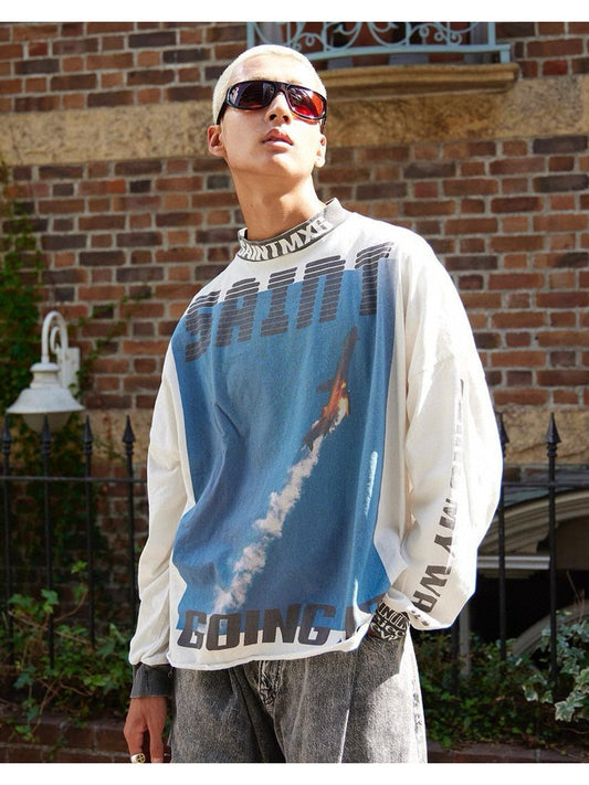 Rare goods [Saint] Special washed texture retro print sweatshirt long sleeve T-shirt
